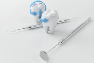 3D render diş dişçi ile seç. Diş, tıp ve sağlık kavramı. Sözlü dişlerle ilgili sağlık bilgisi. Sözel kaygı