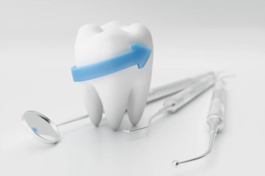 3D render diş dişçi ile seç. Diş, tıp ve sağlık kavramı. Sözlü dişlerle ilgili sağlık bilgisi. Sözel kaygı
