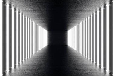 3D render abstrac fütüristik karanlık koridor neon ışıkları ile. Işık parlayan. Fütüristik mimarisi arka plan