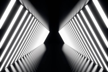 3D render abstrac fütüristik karanlık koridor neon ışıkları ile. Işık parlayan. Fütüristik mimarisi arka plan