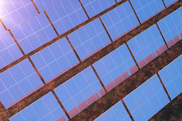 レンダリング太陽光発電技術 代替エネルギー 太陽の光と青い空と美しい夕焼けの太陽電池パネル モジュール — ストック写真