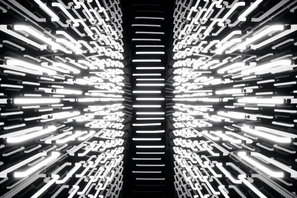 Representación 3D abstrac corredor oscuro futurista con luces de neón. Luz brillante. Fondo de arquitectura futurista —  Fotos de Stock