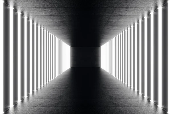 3D rendendo abstrac futuristico corridoio buio con luci al neon. Luce splendente. Futuristica architettura di sfondo — Foto Stock