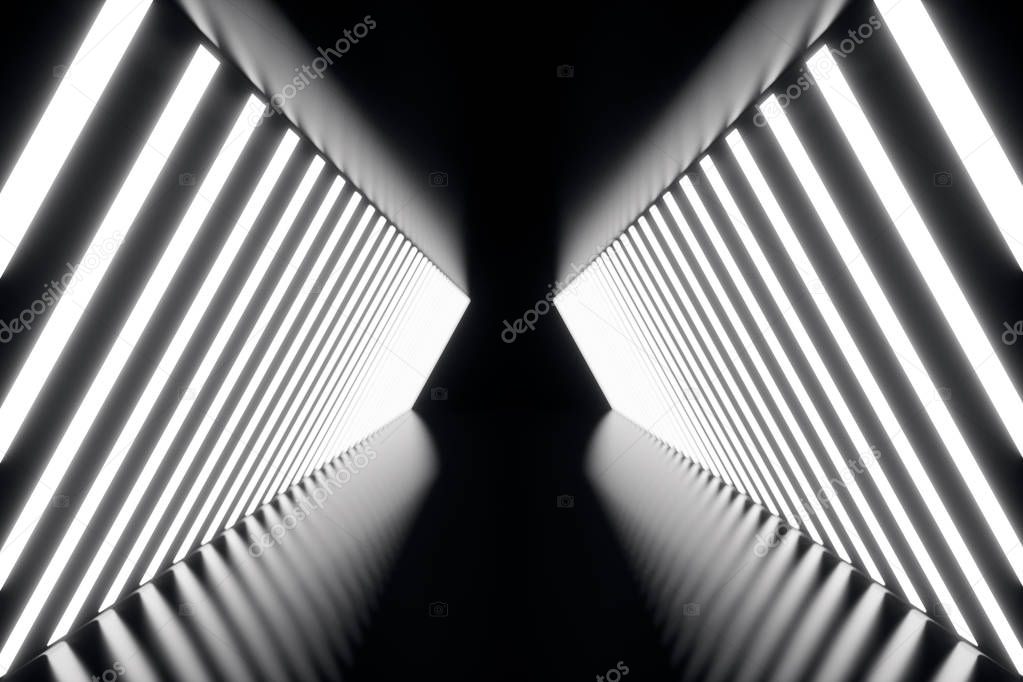 3D rendering abstrac futuristic dark corridor with neon lights. Glowing light. Futuristic architecture background