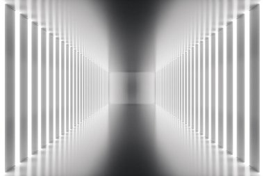 neon ışıkları ile 3D render soyut oda iç. Fütüristik mimarisi arka plan. Mock-up tasarım projesi