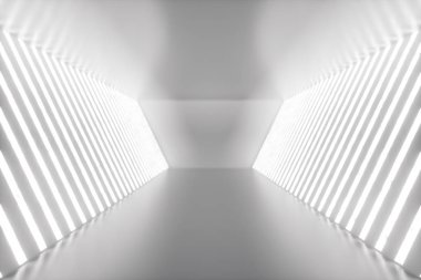 neon ışıkları ile 3D render soyut oda iç. Fütüristik mimarisi arka plan. Mock-up tasarım projesi.