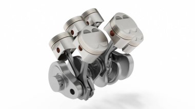 3D render, bir içten yanmalı motorun. Motor parçaları, krank, piston, yakıt besleme sistemi. V6 motor piston üzerinde beyaz izole krank mili ile. Araba motoru içinde gösteren resim.