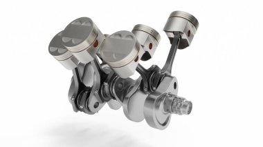 3D render, bir içten yanmalı motorun. Motor parçaları, krank, piston, yakıt besleme sistemi. V6 motor piston üzerinde beyaz izole krank mili ile. Araba motoru içinde gösteren resim.