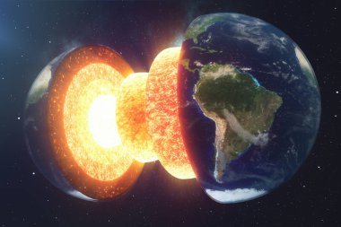 Yapı çekirdeği dünya. Toprak yapısı katmanları. Yerkabuğunun yapısı. Kesit alanı görünümünde dünya. Nasa tarafından döşenmiş bu görüntü unsurları. 3D render