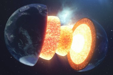 Yapı çekirdeği dünya. Toprak yapısı katmanları. Yerkabuğunun yapısı. Kesit alanı görünümünde dünya. Nasa tarafından döşenmiş bu görüntü unsurları. 3D render