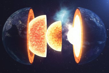 Yapı çekirdeği dünya. Toprak yapısı katmanları. Yerkabuğunun yapısı. Kesit alanı görünümünde dünya. Nasa tarafından döşenmiş bu görüntü unsurları. 3D render
