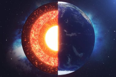 Yapı çekirdeği dünya. Toprak yapısı katmanları. Toprak metalleri kabuk yapısı. Kesit alanı görünümünde dünya. Nasa tarafından döşenmiş bu görüntü unsurları. 3D render.