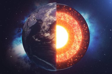 Yapı çekirdeği dünya. Toprak yapısı katmanları. Toprak metalleri kabuk yapısı. Kesit alanı görünümünde dünya. Nasa tarafından döşenmiş bu görüntü unsurları. 3D render.
