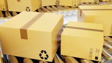 3D render ulaşım sistemi kavramı, hizmet ve parsel Ambalaj paketleri teslim, konveyör bant karton kutuları