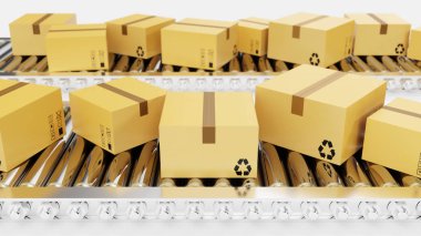 3D render ulaşım sistemi kavramı, hizmet ve parsel Ambalaj paketleri teslim, konveyör bant karton kutuları