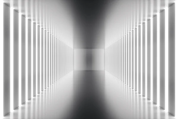 3d. 用霓虹灯渲染抽象房间内部。未来的建筑背景。设计项目的模拟 — 图库照片