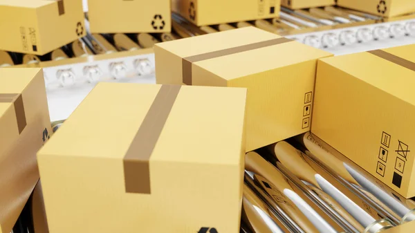 Rendering Paketzustellung Verpackungsservice Und Pakettransportsystem Konzept Kartons Auf Förderband — Stockfoto