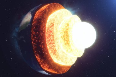 Yapı çekirdeği dünya. Toprak yapısı katmanları. Toprak metalleri kabuk yapısı. Kesit alanı görünümünde dünya. Nasa tarafından döşenmiş bu görüntü unsurları. 3D render.