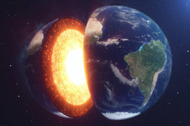 Yapı çekirdeği dünya. Toprak yapısı katmanları. Toprak metalleri kabuk yapısı. Kesit alanı görünümünde dünya. Nasa tarafından döşenmiş bu görüntü unsurları. 3D render.