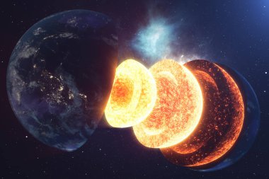 Yapı çekirdeği dünya. Toprak yapısı katmanları. Toprak metalleri kabuk yapısı. Kesit alanı görünümünde dünya. Nasa tarafından döşenmiş bu görüntü unsurları. 3D render.