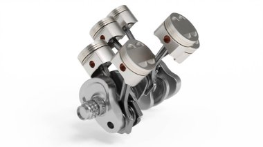 3D render, bir içten yanmalı motorun. Motor parçaları, krank, piston, yakıt besleme sistemi. V6 motor piston üzerinde beyaz izole krank mili ile. Araba motoru içinde gösteren resim.