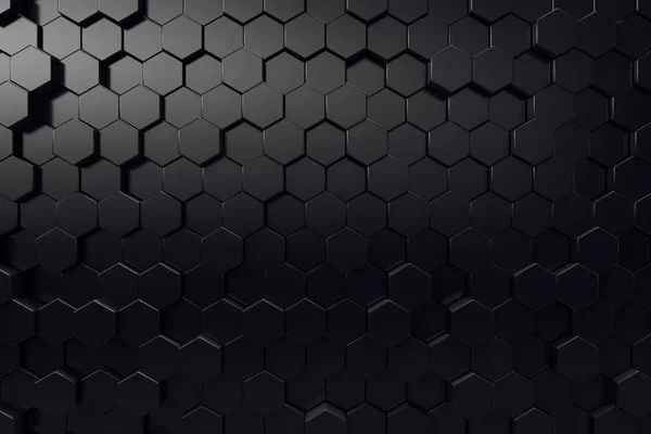 Superficie geométrica abstracta. Fondo negro hexagonal. Renderizado 3D —  Fotos de Stock