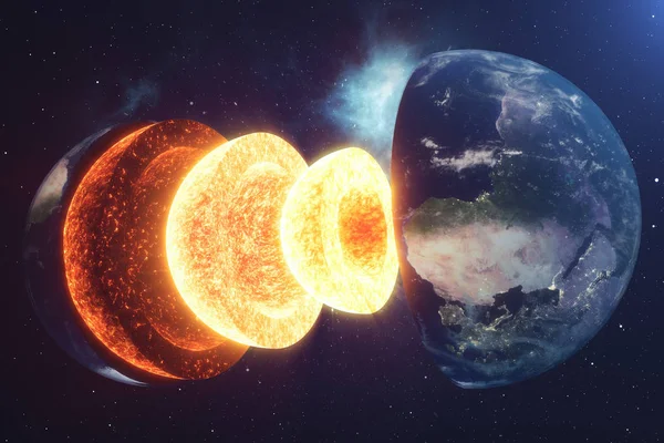 Estructura núcleo de la Tierra. Estructura de capas de la tierra. La estructura de la corteza terrestre. Sección transversal de la Tierra en la vista espacial. Elementos de esta imagen proporcionados por la NASA. Renderizado 3D . — Foto de Stock