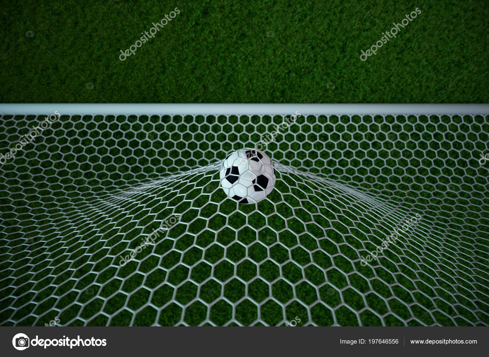 3d rendering soccer ball in goal. Soccer ball in net with spotlight and