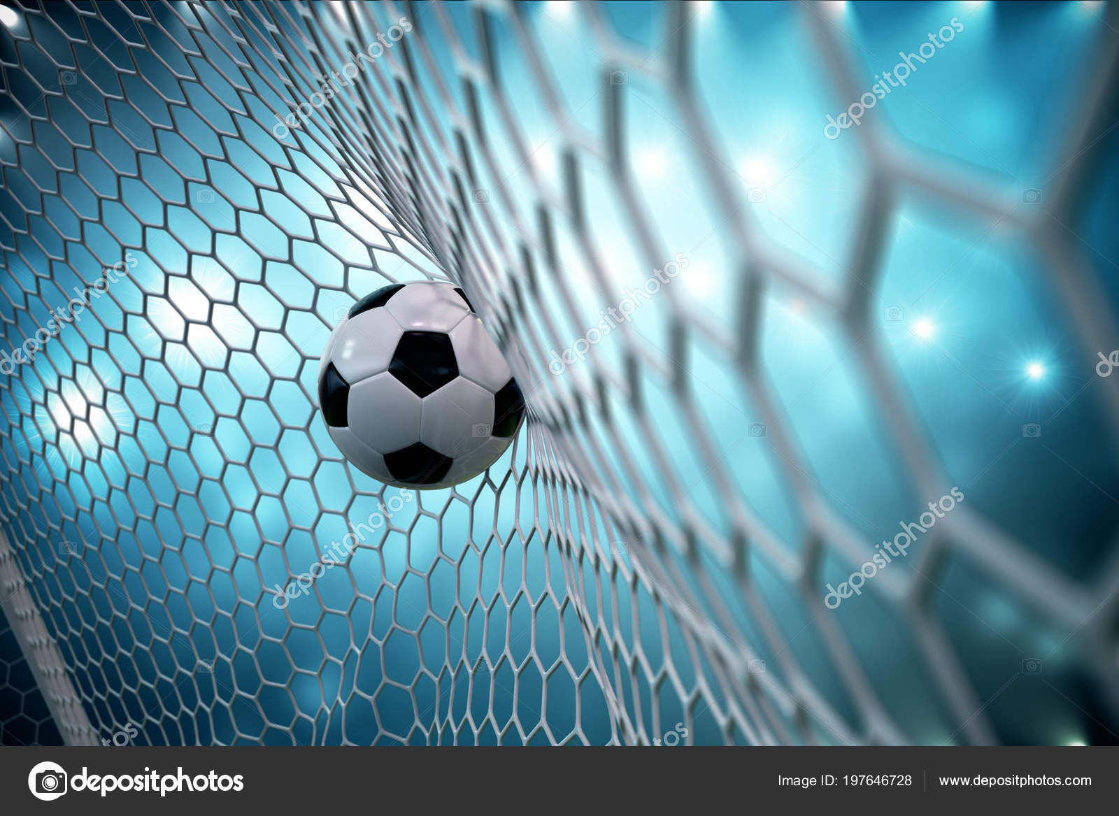 3d Rendering Soccer Ball In Goal Soccer Ball In Net With Spotlight And Stadium Light Background Success Concept Soccer Ball On Blue Background Stock Photo By C Rost9