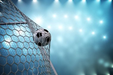 3D render futbol topu kalede. NET spot ve stadyum açık renkli, başarı kavramı ile futbol topu. Futbol topu mavi zemin üzerine.
