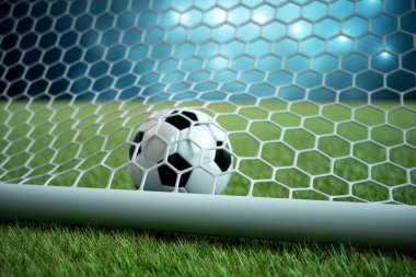 3D render futbol topu kalede. NET spot ve stadyum açık renkli, başarı kavramı ile futbol topu. Futbol topu çim ile mavi arka plan üzerinde.