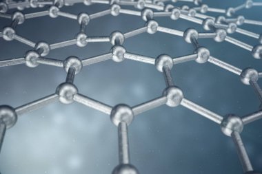 3D render soyut nanoteknoloji altıgen geometrik form yakın çekim. Grafin atomik yapı kavramı, karbon yapısı.