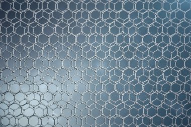 3D render soyut nanoteknoloji altıgen geometrik form yakın çekim. Grafin atomik yapı kavramı, karbon yapısı.
