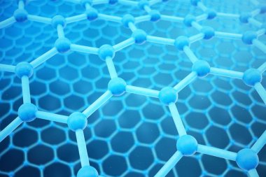 3D render soyut nanoteknoloji altıgen geometrik form yakın çekim. Grafin atomik yapı kavramı, karbon yapısı.