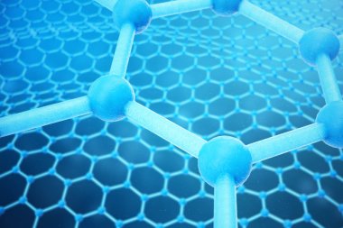 3D render soyut nanoteknoloji altıgen geometrik form yakın çekim. Grafin atomik yapı kavramı, karbon yapısı.