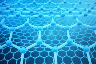 3D render soyut nanoteknoloji altıgen geometrik form yakın çekim. Grafin atomik yapı kavramı, karbon yapısı.