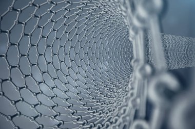 3D render yapısını grafen Tüp, soyut nanoteknoloji altıgen geometrik form yakın çekim, kavram grafen atomik yapısı, kavram grafen moleküler yapısı.