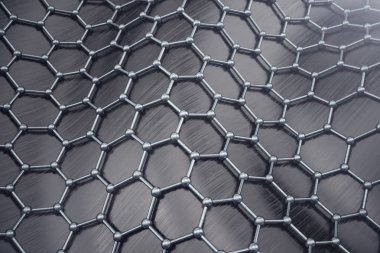 3D render soyut nanoteknoloji altıgen geometrik form yakın çekim. Grafin atomik yapı kavramı, karbon yapısı.