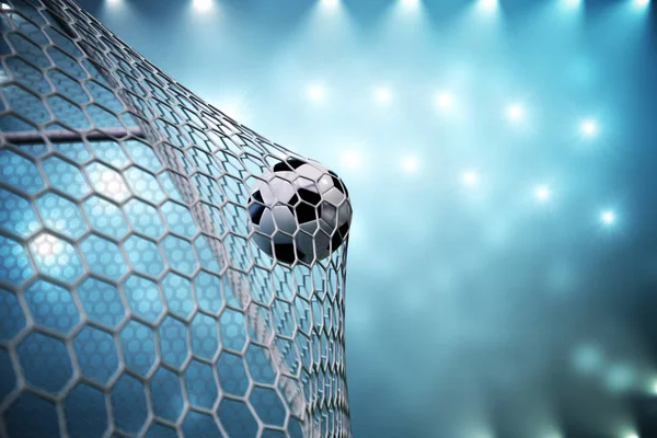 3D rendering voetbal in doel. Voetbal in net met spotlight en stadion lichte achtergrond, succes concept. Voetbal op blauwe achtergrond. — Stockfoto