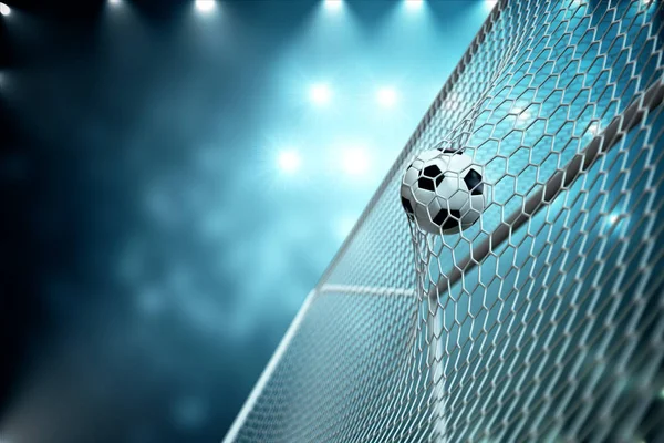 3d. 在球门球中渲染足球。足球在网络上与聚光灯和体育场的灯光背景, 成功的概念。蓝色背景足球球. — 图库照片