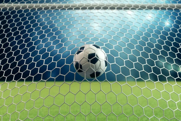 3d renderização bola de futebol no gol. Bola de futebol em rede com holofotes e fundo claro estádio, conceito de sucesso. Bola de futebol no fundo azul com grama . — Fotografia de Stock