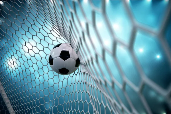 3d renderização bola de futebol no gol. Bola de futebol em rede com holofotes e fundo claro estádio, conceito de sucesso. Bola de futebol no fundo azul . — Fotografia de Stock