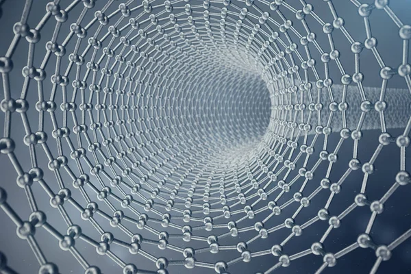 3D візуалізація структури графенової трубки, абстрактна нанотехнологія гексагональної геометричної форми крупним планом, концептуальна атомна структура графена, концептуальна молекулярна структура графена . — стокове фото