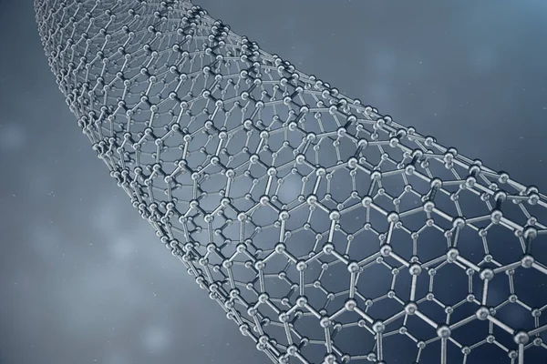 3d. 石墨烯管的渲染结构, 抽象纳米技术六角几何形式特写。石墨烯原子结构概念, 碳结构. — 图库照片