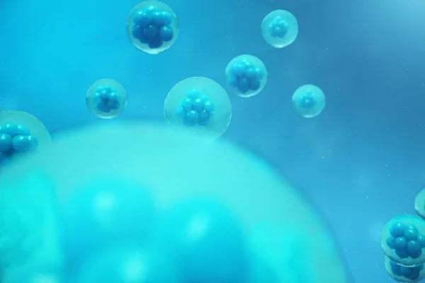 3D rendering mänskliga celler eller djurceller på blå bakgrund. Tidigt skede embryo medicin vetenskapliga konceptet, stamcellsforskning och behandling. — Stockfoto