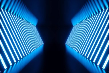 mavi neon lambalar ile 3D render Soyut Mavi Oda iç. Fütüristik mimarisi arka plan. Mock-up tasarım projesi.