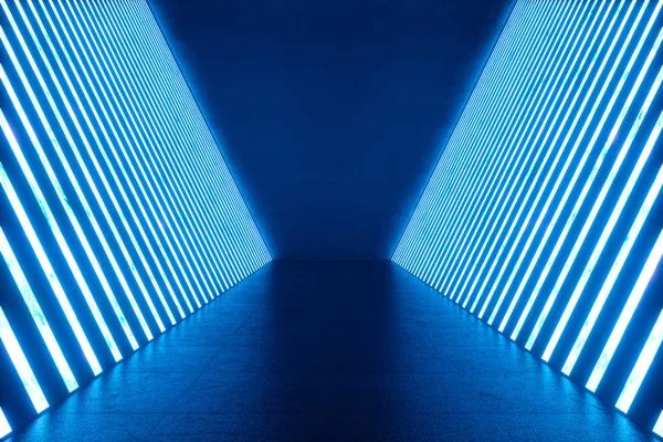 青いネオン ランプを 3 d レンダリング抽象的な青い部屋のインテリア。未来の建築の背景。デザイン プロジェクトのモックアップ. — ストック写真