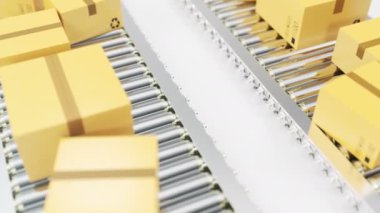 Konveyör bant loopable animasyon boyunca karton kutular ilerledikçe. Konveyör bant üzerine karton kutular