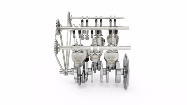 3D render, bir içten yanmalı motorun. Motor parçaları piston, kam mili, zincir, subaplar ve diğer mekanik parçaları araba. V6 motor piston beyaz arka plan üzerinde izole krank mili ile