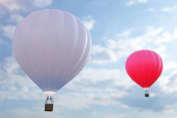 Gökyüzü arka plan üzerinde 3D çizim sıcak hava balonu. Beyaz, kırmızı, mavi, yeşil ve sarı hava ballon flyes üzerinde sky. — Stok fotoğraf